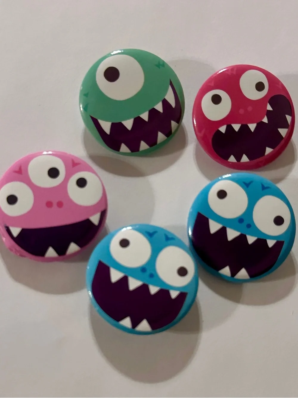 Set of 5 Colorful Monster Buttons - Pink, Green, Red, Blue - Prizes Favors Gifts